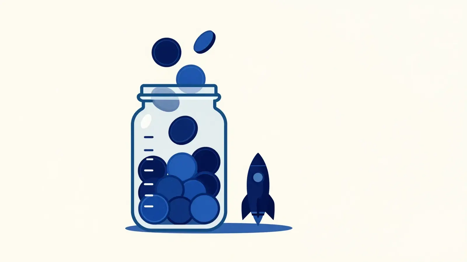 Blue coins dropping into a glass jar marked with measuring lines, with a small rocket waiting beside it.
