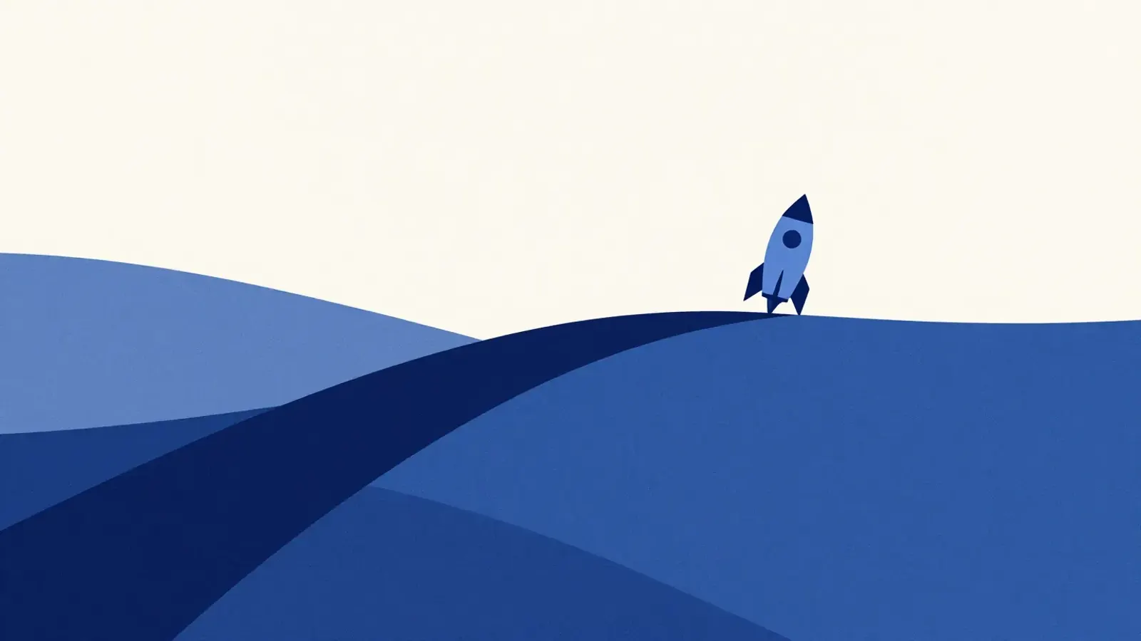 A small blue rocket resting at the crest of a long navy path that rises across rolling hills.