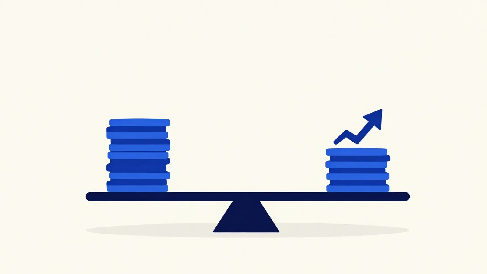 A balance beam with a tall stack of blue coins on one side and a shorter stack topped by a rising arrow on the other.